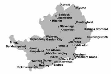 map of county of Hertfordshire, UK